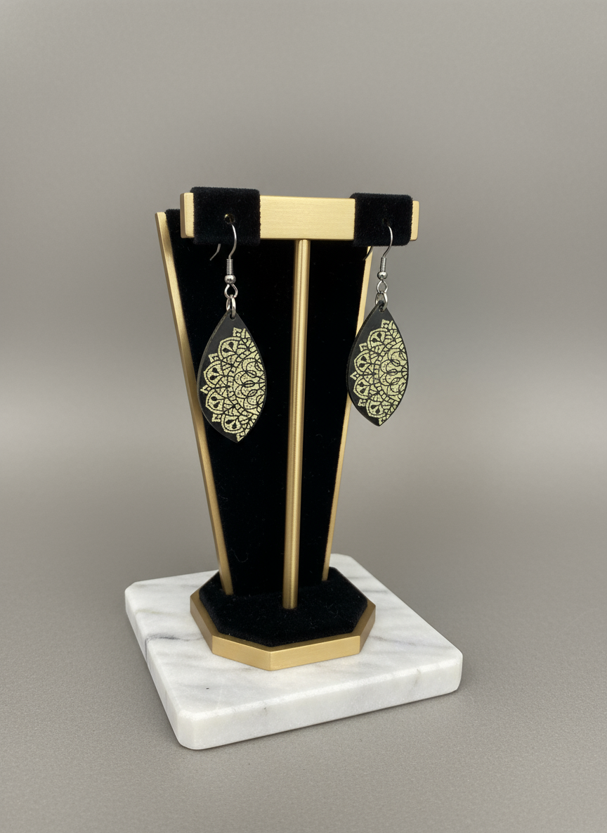 Fretmade Black Acrylic Gold Engraved Flowers