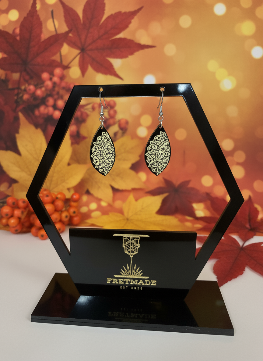 Fretmade Black Acrylic Gold Engraved Flowers