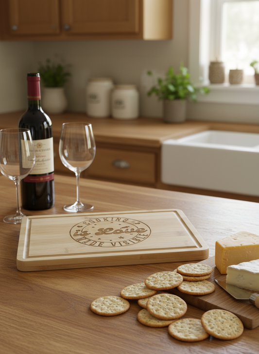 Fretmade Bamboo Cutting Board with Cooking Is Love Made Visible design