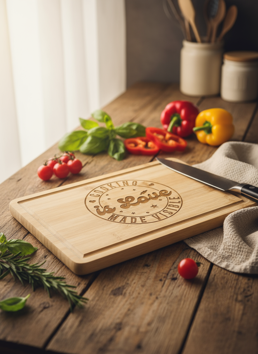 Fretmade Bamboo Cutting Board with Cooking Is Love Made Visible design