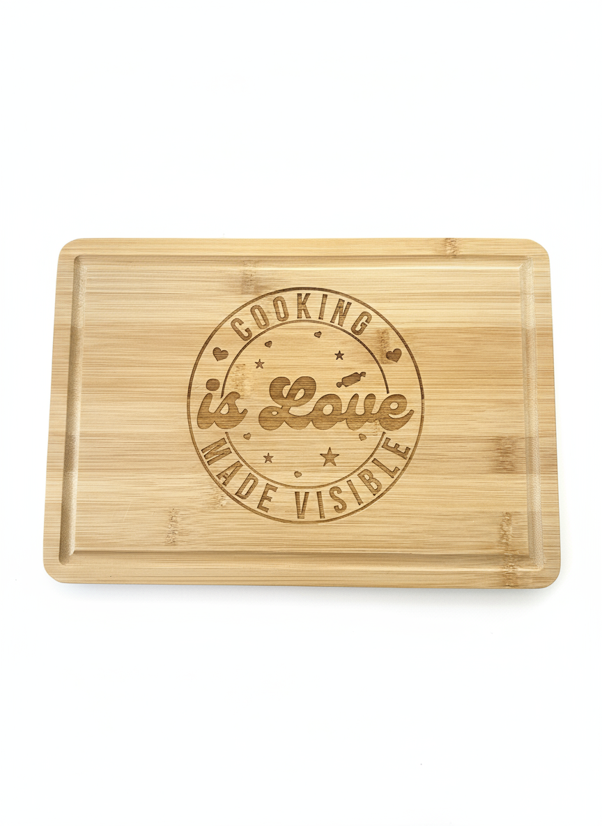 Fretmade Bamboo Cutting Board with Cooking Is Love Made Visible design