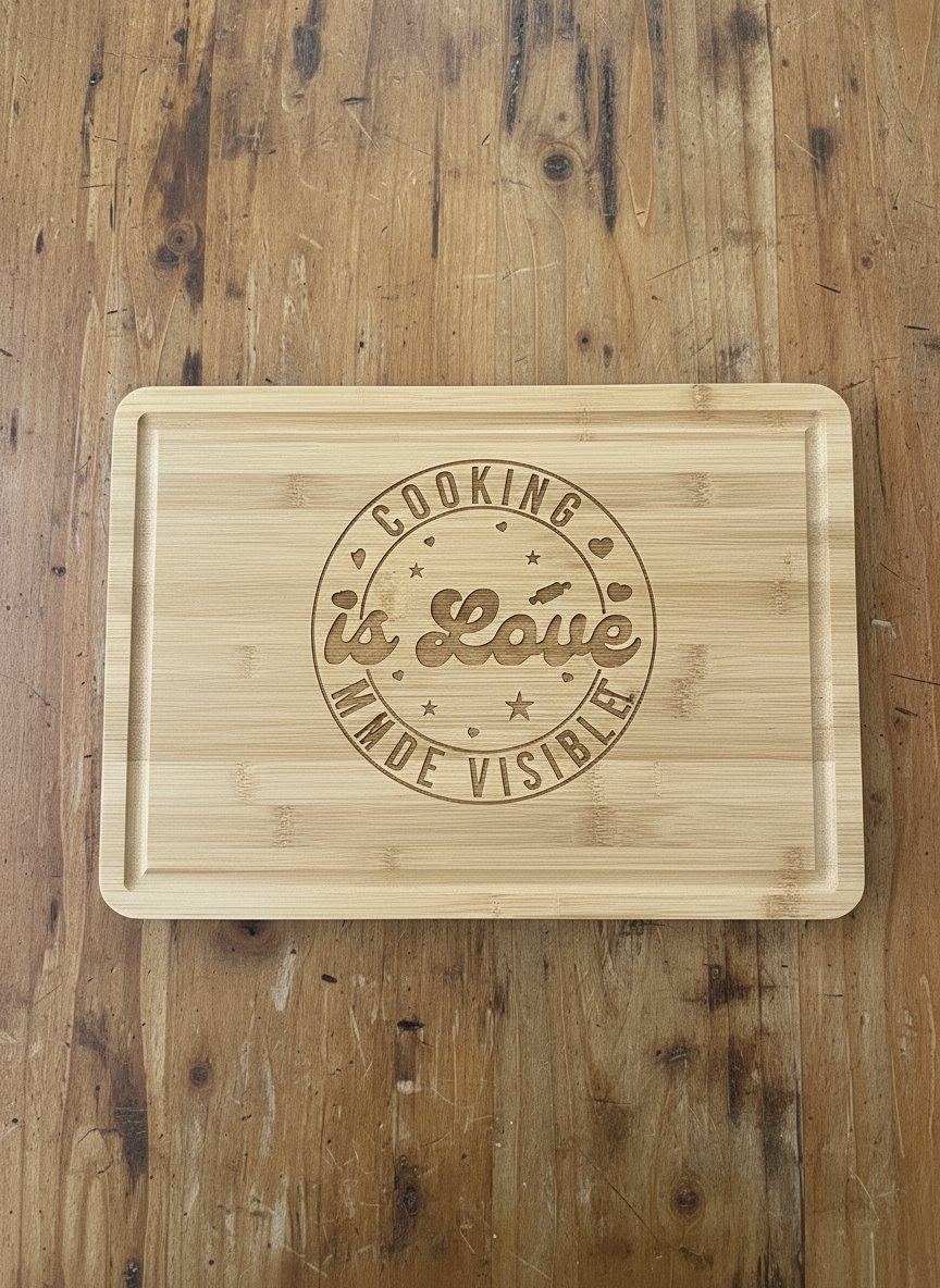 Fretmade Bamboo Cutting Board with Cooking Is Love Made Visible design