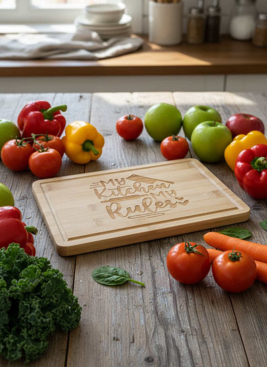 Fretmade Bamboo cutting board “My Kitchen My Rules”