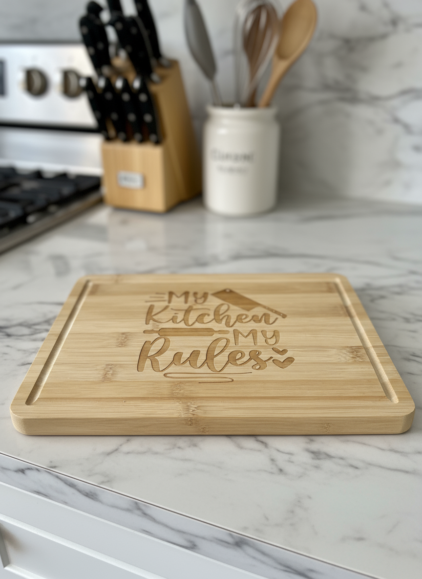 Fretmade Bamboo cutting board “My Kitchen My Rules”