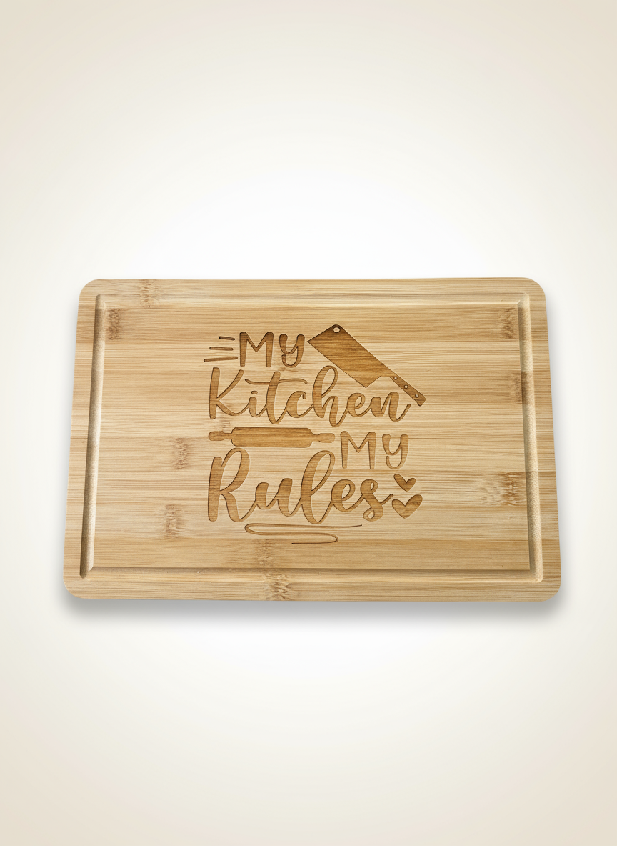 Fretmade Bamboo cutting board “My Kitchen My Rules”