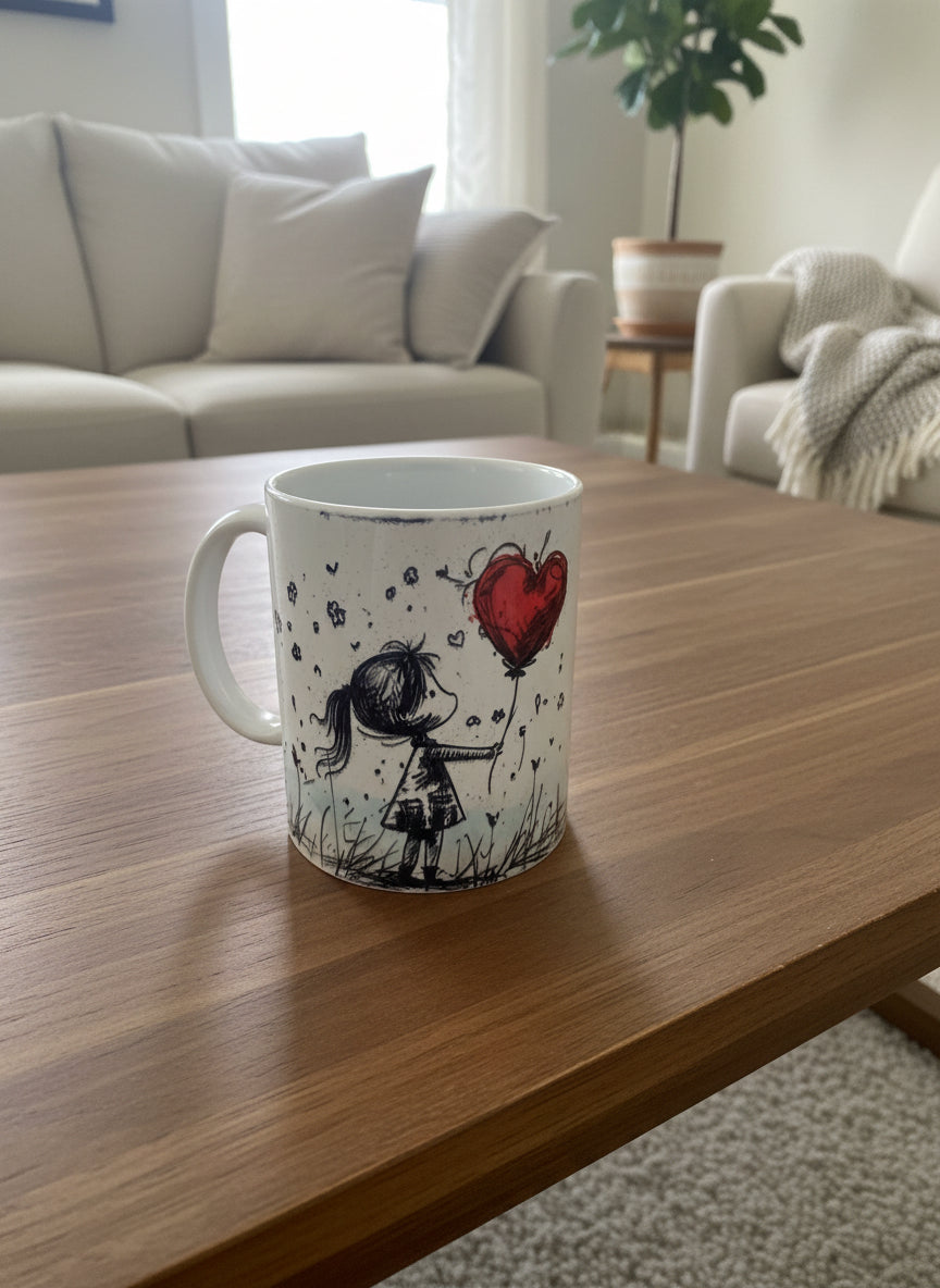 Fretmade 11 oz Coffee Mug Girl Heart Balloon Love